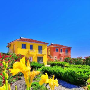 una casa gialla e dei fiori in un giardino di Iridia Resort Villas a Foiníki