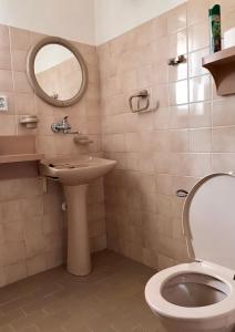 a bathroom with a toilet and a sink and a mirror at Apartmán Na Kopečku in Modrava