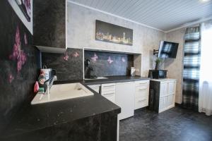eine Küche mit Spüle und schwarzer Arbeitsplatte in der Unterkunft Viktera Modernes Apartment mitten in der Stadt und doch sehr ruhig Zu Therme 2 Minuten in Bad Ems + 19 Fotos