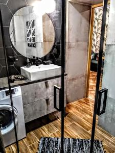 un baño con lavabo y espejo en EvitaDeLux Słowackiego 50mGaleria Katowice, en Katowice