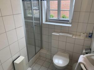 e bagno con doccia, servizi igienici e finestra. di Am Kurhaus 11b a Nordstrand