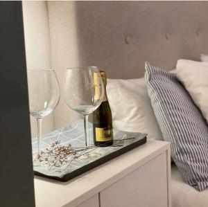 a bottle of wine on a tray with two wine glasses at Opera Suites Fidelio , cozy studio in the very center of Madrid in Madrid