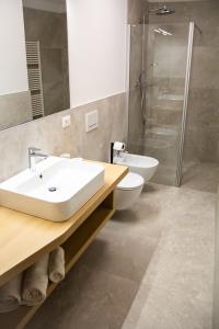 een badkamer met een wastafel, een toilet en een douche bij Casa Clarissa in Merano