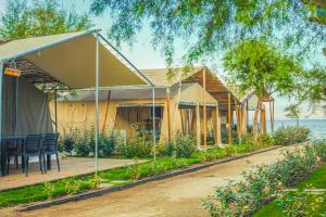 サルティにあるArmenistis Camping & Bungalowsのデッキと天蓋の下の椅子が備わる家