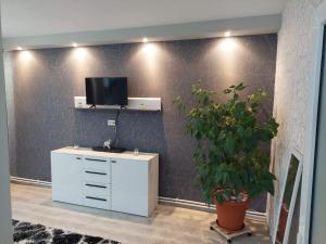 a room with a white cabinet and a tv on a wall at Ca acasa Corbu 2 in Corbu +9 photos