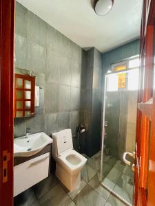 y baño con aseo, lavabo y ducha. en Cozy Private Apartments with beautiful view of Lake Victoria, en Mwanza