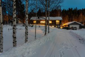 a log cabin in the snow at night at A room (or 2 or 3) in a Lapland House of Dreams in Rovaniemi