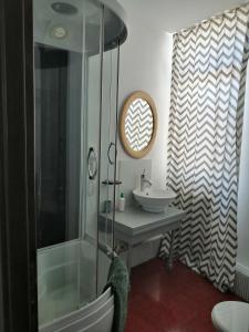 a bathroom with a sink and a glass shower at Bizant Boutique in Bacău +15 photos