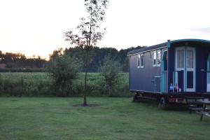 a blue tiny house parked next to a tree at Happy Home-Slapen onder de sterren in Kronenberg