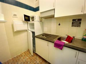 una pequeña cocina con fregadero y nevera. en Cathedral Malaga Hostel, en Málaga