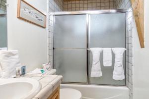 a bathroom with a shower and a toilet and a sink at Switzerland Ski Chalet-845 by Big Bear Vacations in Big Bear Lake +15 photos
