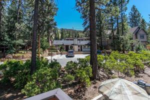 an aerial view of a house in the woods at Switzerland Ski Chalet-845 by Big Bear Vacations in Big Bear Lake