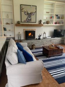 a living room with a white couch and a fireplace at Mount Juliet luxury residence in Ballylinch Bridge