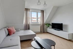 a living room with a couch and a tv at Downtown Apartments City Center Tartaczna in Gdańsk