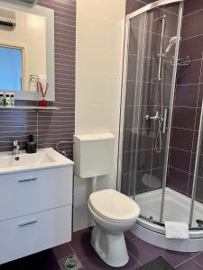 a bathroom with a shower and a toilet and a sink at Apartments Noa Old Town in Dubrovnik