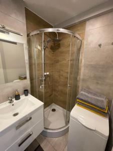Un baño con ducha, inodoro y lavabo. en LUXURY WHITE APARTMENT by Marta, en Radom 16 fotos más