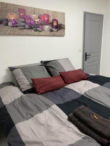 - un lit avec des oreillers colorés dans une chambre dans l'établissement Très bel Appartement cosy proche de la gare et de l'hôpital - IMMOMMER, à Orval