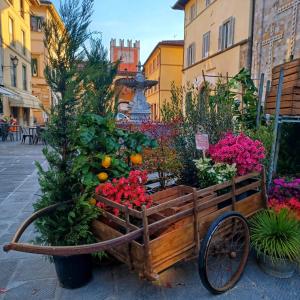 un carro de madera lleno de flores y plantas en La casa di Ciaccia en Camaiore