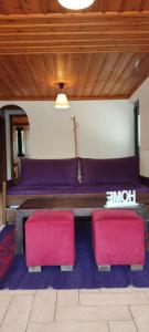 蒂米薩那的住宿－Kristis's Homes - "Beautiful Home" in Dimitsana，客厅配有沙发和2个红色座椅。
