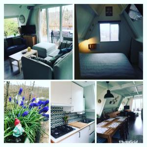 a collage of photos of a bedroom and a living room at Durbuy chalet 65 in Durbuy