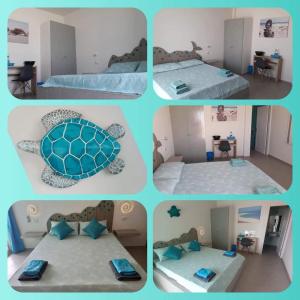 a collage of four pictures of a bedroom with a turtle bed at B&B Sereia Azul Boa Vista in Sal Rei