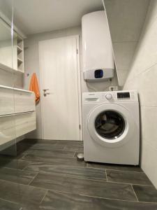 a washer and dryer in a bathroom with a door at Apartma Sinitus in Izola