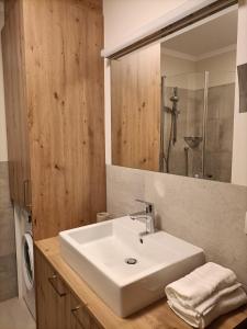 ein Badezimmer mit einem weißen Waschbecken und einem Spiegel in der Unterkunft CasaViva - Grazioso bilocale all’Alpe di Siusi in Kastelruth