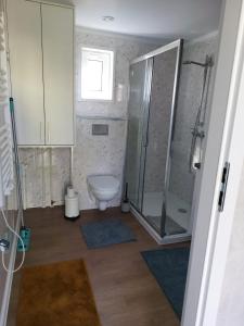 uma casa de banho com um WC e uma cabina de duche em vidro. em Gemütliches Landhauswohnen rent-by-seibold em Erzhausen