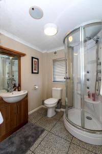 a bathroom with a shower and a toilet and a sink at Carnoustie Dreams in Wisbech