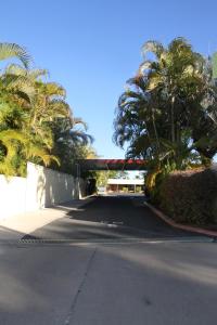 a road with palm trees and a bridge at Emerald Highlands Motel in Emerald