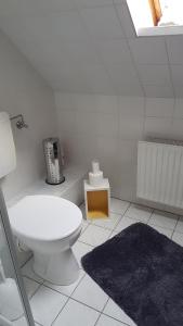 a white bathroom with a toilet and a rug at ferienbeianne in Hemmingstedt