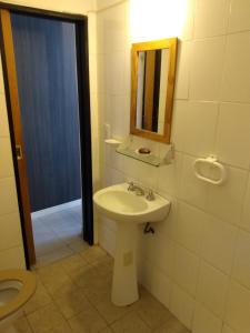 uma casa de banho com um lavatório, um espelho e um WC. em Duplex en el centro de Concepción del Uruguay em Concepción del Uruguay