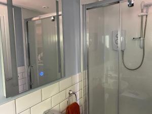 a bathroom with a shower with a glass door at Mulleys Cottage (Bed and Breakfast) in Westleton