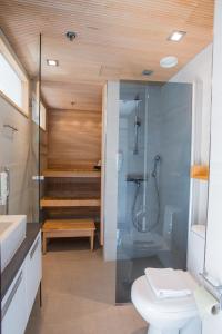 a bathroom with a shower and a toilet and a sink at Levi Suites Levi Gold in Levi