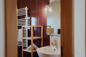 a bathroom with a sink and a toilet and a mirror at Wellnesshouse in Atouguia da Baleia