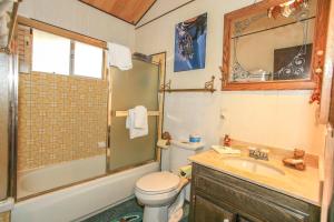 ein Badezimmer mit Toilette, Dusche und Waschbecken in der Unterkunft Above it All-1685 by Big Bear Vacations in Big Bear City + 11 Fotos