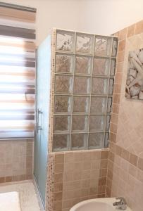 a bathroom with a shower with glass block windows at The Roses Garden in La Maddalena