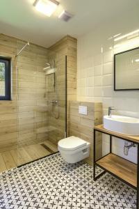 a bathroom with a toilet and a sink and a shower at Ośrodek Wypoczynkowy Zapach Drewna Resort & Lake in Barczewo