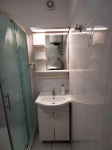 a white bathroom with a sink and a shower at Studio ELLI KOPER in Koper +15 photos