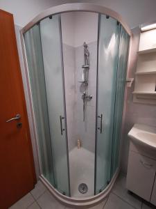 a shower with a glass enclosure in a bathroom at Studio ELLI KOPER in Koper