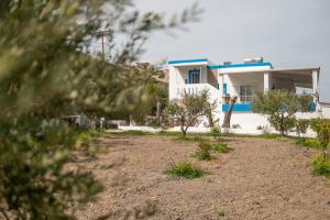 a white house with a blue roof at Villa Giorgos in Kefalos