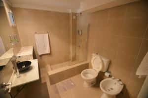 a bathroom with a toilet and a shower and a sink at LAS MARAS SUITES in Viedma