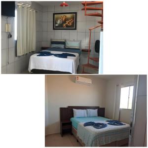 two pictures of a bedroom with two beds at Pousada O Mineiro - frente para o rio in Galinhos