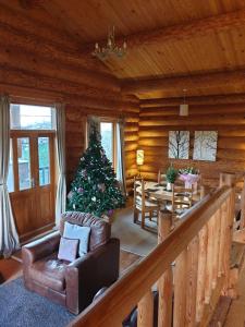 a living room with a christmas tree in a log cabin at Newland Valley Log Cabins in Ulverston