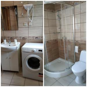 two pictures of a bathroom with a shower and a washing machine at Domek w Pieninach in Grywałd