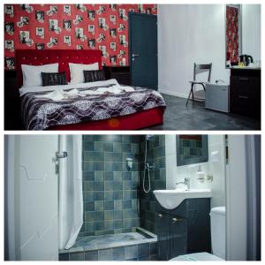 1 dormitorio con 1 cama y baño con lavamanos en City Lux Villa, en Bucarest