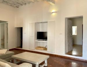 Can Marianet في سانت فيران دي سيس روكيه: غرفة معيشة مع أريكة وتلفزيون على الحائط