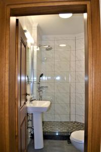 a bathroom with a sink and a shower with a toilet at Chola Guest House in Bitola