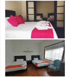 two pictures of a bedroom with a bed and a chair at Hotel Boutique El Libertador in Zipaquirá