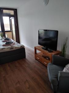 ein Wohnzimmer mit einem Flachbild-TV auf einem Tisch in der Unterkunft Madame Jacqueline - Steinhude in Wunstorf